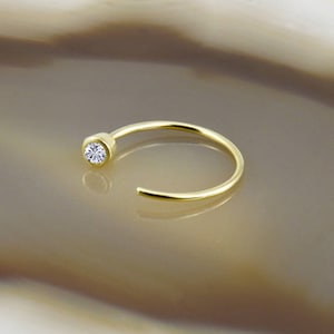 14K Solid Yellow Gold Nose Jewerly, Open Nose Hoop, Half Hoop, Nose Ring. Bezel CZ. 5/16" 22G, 20G, 18G