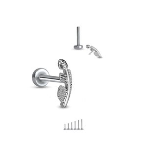 Titanium Labret Style Nose Ring Monroe Stud Threadless Push Pin Feather. 4mm, 5mm 6mm 7mm 8mm 9mm Post Lengths 20G 18G 16G