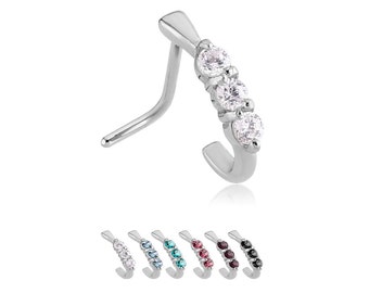 925 Sterling Silver Nose Hugger®, Nose Ring, Straight Stud, L Bend, L Shape, Nose Screw. Triple CZ- Choose Your Style , Color & Gauge.