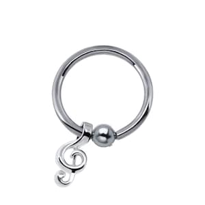 316L Surgical Steel, Titanium Captive Bead Nose Ring Hoop, Tragus, Ear Cartilage Music Note Charm 1/4" 9/32" 5/16" 3/8" 22G 20G 18G 16G