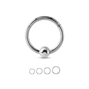 May include: A silver-colored hinged hoop earring with a small, round ball in the center. Four smaller silver hoops are below the earring. The jewelry is displayed on a white background.