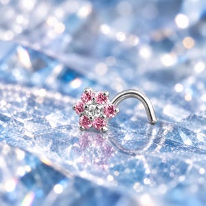 14K White Gold or Yellow Gold Nose Ring, Stud, Screw, L Shape or Nose Bone. Pink Flower Cluster. 22G 20G 18G. Backing Included.