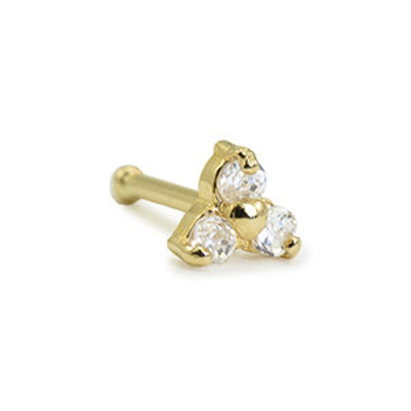14K Yellow Gold, White Gold Nose Ring, Screw, L Bend Stud or Bone. Trinity CZ. Choose Your Gauge 22G 20G 18G & Style. Backing Included.