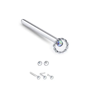 925 sterling zilveren neuspiercing recht, LBend, neusbeenring Twisted Circle Aurora of helder CZ 22G. GRATIS ondersteuning.