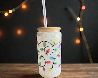 Christmas String lights Cup  | Glitter Snow Globe Tumbler | Bamboo Lid & Straw | Gifts for Her |