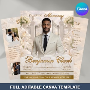 Może przedstawiać: Szablon pamiątkowy z centralnym portretem mężczyzny w garniturze, otoczonym elementami kwiatowymi i architektonicznymi. Projekt zawiera imię "Benjamin Clark", daty i tekst "In Loving Memory". Widoczne jest logo Canva.