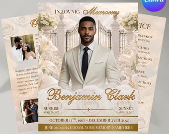 White Roses Funeral Program Template: 8-Page Memorial (Canva, PDF Download)