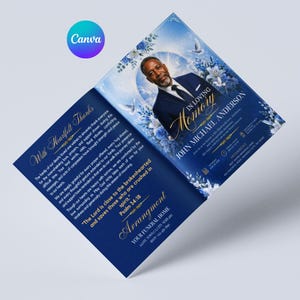 May include: A blue and white funeral program with a photo of a man in a suit. The text reads "In Loving Memory" and "John Michael Anderson." The program includes text about gratitude and a Bible verse.
