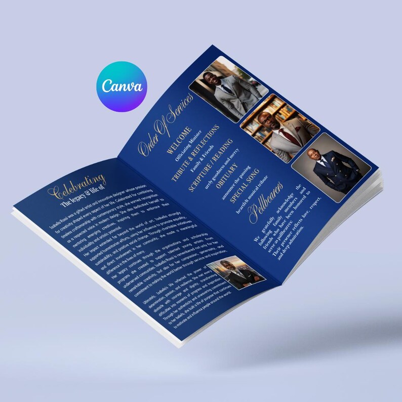 May include: A blue and white brochure, open to display text and images. The brochure's cover features the word "Celebrating" and the phrase "The legacy & life of." Inside, the brochure lists an "Order of Services" and includes photos.
