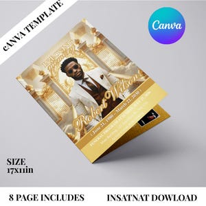 Puede incluir: Una plantilla de programa fúnebre plegada con el texto "In Loving Memory" y "Robert Wilson". El programa incluye las fechas del 21 de junio de 1980 al 22 de marzo de 2030 y mide 43x28 cm. La plantilla de Canva tiene una combinación de colores dorados y blancos.