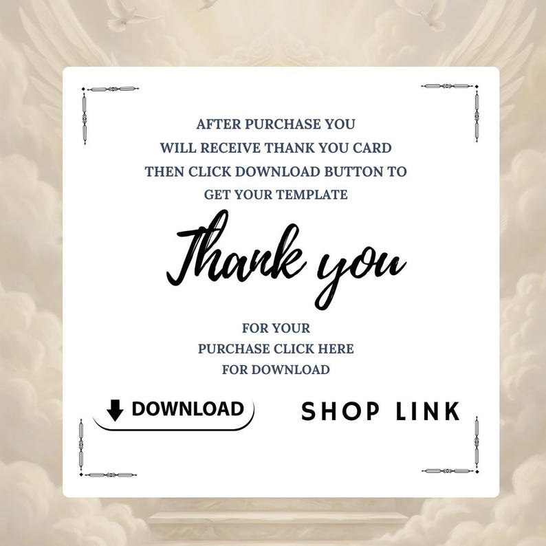 May include: A white card with decorative corner elements and the words "Thank you" in elegant script. Text includes "After purchase you will receive thank you card" and "Download" and "Shop Link" buttons.