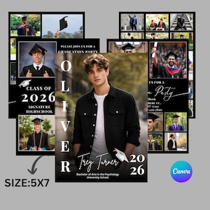 Könnte beinhalten: Eine Abschlussankündigung mit einem zentralen Foto eines jungen Mannes in einem schwarzen Hemd. Das Design enthält den Text "Class of 2026", "Signature Highschool" und "Trey Turner 2026". Zusätzliche Fotos und Text sind um das zentrale Bild angeordnet. Die Größe beträgt 12,7 x 17,8 cm.