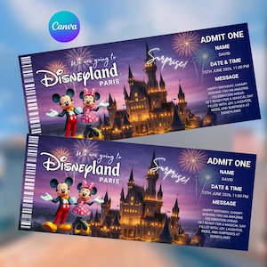Może przedstawiać: Dwa bilety wstępu do Disneylandu Paris z ilustracjami Myszki Miki i Minnie. Bilety przedstawiają zamek, fajerwerki i tekst "We are going to Disneyland Paris". Każdy bilet zawiera spersonalizowaną wiadomość.
