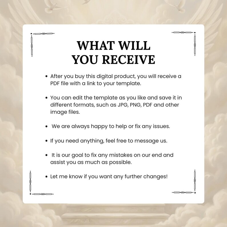 May include: A white rectangular graphic with the text "WHAT WILL YOU RECEIVE" in bold black letters. Below, bullet points detail what the buyer receives, including a PDF file and the ability to edit the template.