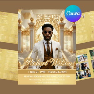 Puede incluir: Un diseño de programa fúnebre con un retrato de un hombre con traje, el texto "In Loving Memory" y el nombre "Robert Wilson". El programa incluye fechas, detalles del evento y un logotipo de Canva, todo sobre un fondo dorado y crema.
