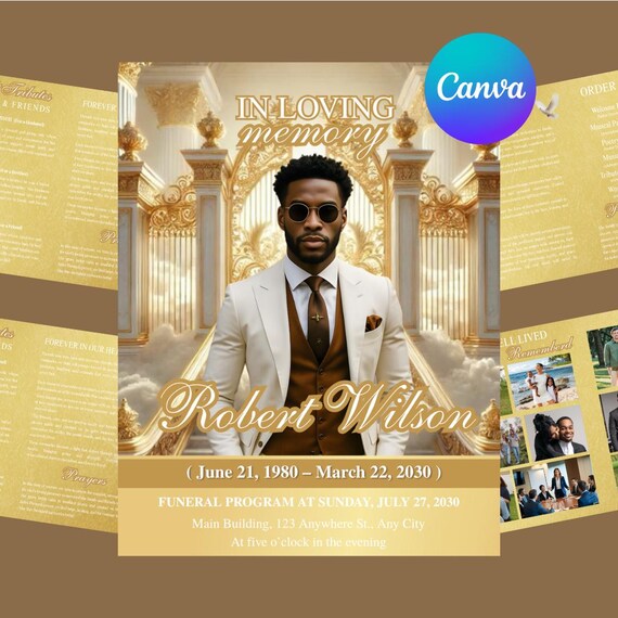8 page White and Gold Funeral Program Template, Memorial Program, Obituary Book, Celebration of Life, In Loving Memory Editable Design