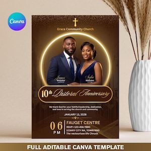 May include: A Canva template for the 10th Pastoral Anniversary of Grace Community Church. The design features a couple in formal attire within a golden circle, with text including the date, time, and location. The template is fully editable.