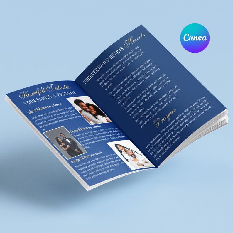 May include: A navy blue memorial booklet with the text "Heartfelt Tributes From Family & Friends" and "Forever In Our Hearts." The booklet includes photos and text. The Canva logo is visible in the upper right corner.