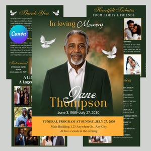 May include: Funeral program with a portrait of Jane Thompson, with dates June 3, 1985 - July 27, 2030. The program is green and gold, with text including "In Loving Memory" and "Funeral Program at Sunday, July 27, 2030."
