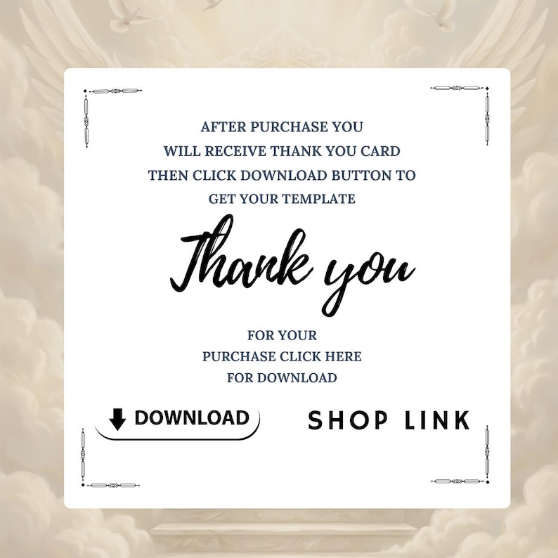 May include: A white card with decorative borders and the words "Thank you" in elegant script. Text on the card includes instructions to download a template after purchase, with "Download" and "Shop Link" buttons.