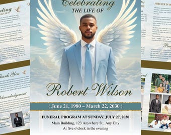 8-Page sky Blue Funeral Program Template, Bi-Fold Memorial Program, Obituary Template, Celebration of Life, Editable Digital Download