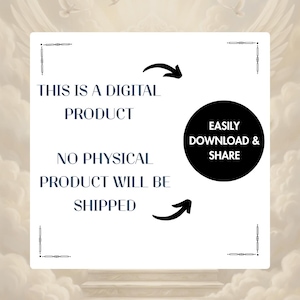 May include: White digital product announcement with text: "THIS IS A DIGITAL PRODUCT. NO PHYSICAL PRODUCT WILL BE SHIPPED." A black circle states "EASILY DOWNLOAD & SHARE." Decorative corner elements and arrows are included.