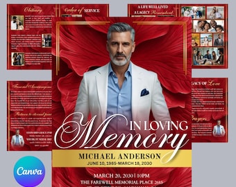 08 Pages Memorial Cloud Red Roses Funeral Program Template, Editable Bifold 8.5x11” Design, Obituary Celebration Of Life, Digital Download