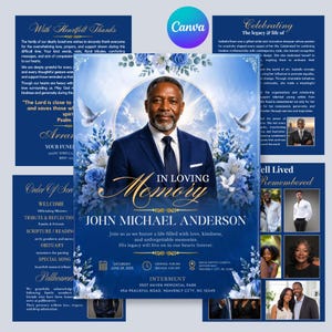 May include: A memorial service announcement with a portrait of a man in a suit, surrounded by floral and dove imagery. The text reads "In Loving Memory" and the name "John Michael Anderson".