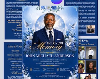 08 Pages Blue Funeral Program Template, Bi-Fold Funeral Program, Obituary Celebration Of Life Program, Digital Download