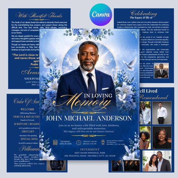 8 page White and blue roses Funeral Program Template, Memorial Program, Obituary Book, Celebration of Life, In Loving Memory Editable Design