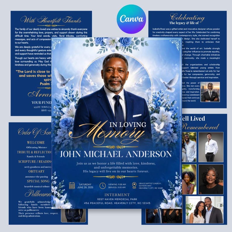 May include: A memorial service announcement with a portrait of a man in a suit, surrounded by floral and dove imagery. The text reads "In Loving Memory" and the name "John Michael Anderson".