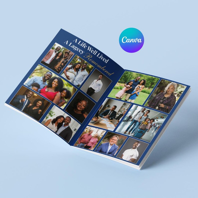 May include: Open photo album with a navy blue cover, featuring family photos and the text "A Life Well Lived, A Lageecy Remembered." The Canva logo is visible in the upper right corner. The album is open, displaying multiple photographs.