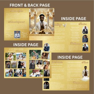 May include: A memorial program with a gold and brown color scheme. The front page features text and a photo of a man. Inside pages include photos, text, and the order of service. The program is designed to honor a life.
