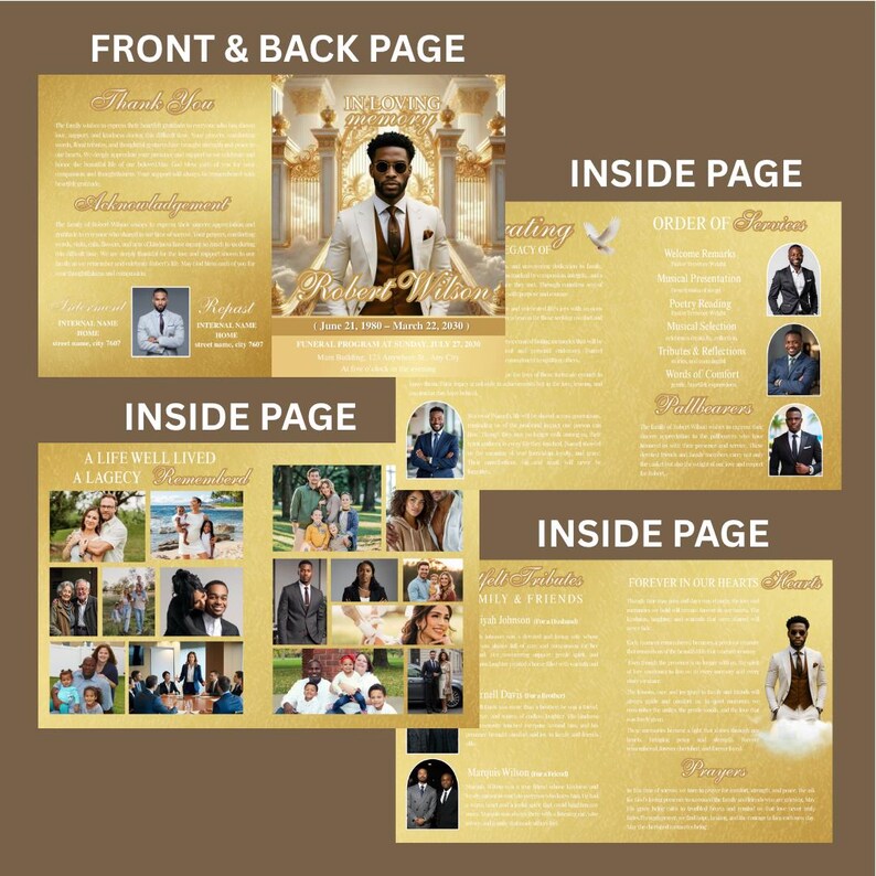 May include: A memorial program with a gold and brown color scheme. The front page features text and a photo of a man. Inside pages include photos, text, and the order of service. The program is designed to honor a life.