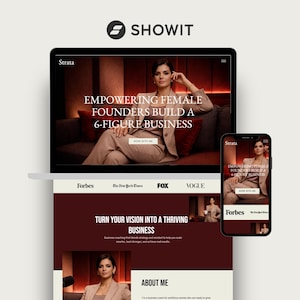 May include: A laptop, smartphone, and tablet display a website design. The website features a woman in a suit with the text "EMPOWERING FEMALE FOUNDERS BUILD A 6-FIGURE BUSINESS." Logos for Forbes, The New York Times, FOX, and Vogue are also visible.