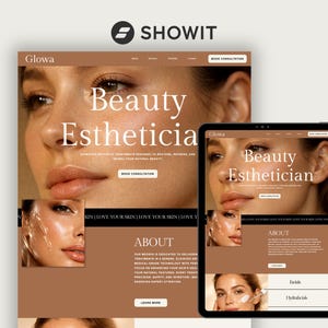 Puede incluir: Diseño web para una esteticista, con el rostro de una mujer y el texto "Beauty Estheticia". El diseño se muestra en la pantalla de un ordenador y una tableta, con una paleta de colores cálidos y el logotipo de Showit.