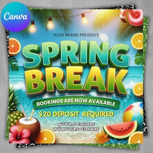 May include: A vibrant Spring Break advertisement with the text "SPRING BREAK" in large, colorful letters. The design includes tropical elements like a pineapple, coconut, watermelon, and beach ball, with the text "BOOKINGS ARE NOW AVAILABLE".