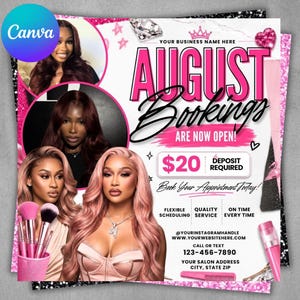Flyer de Agendamento de Agosto, Flyer com Horários Disponíveis, Agenda Mensal Aberta | Cílios, Cabelo, Unhas e Maquiagem | Modelo Editável para Redes Sociais | Canva