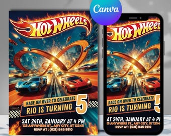 Convite de aniversário editável com tema de carros incríveis, convite digital para festa de aniversário "Vamos Correr com Carros Incríveis", cartão de aniversário para meninos, modelo para download digital