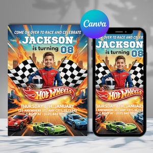 Puede incluir: Una invitación de cumpleaños con temática de carreras, con un niño con un traje de carreras, banderas a cuadros y el texto "Hot Wheels". La invitación incluye el nombre "Jackson" y la edad "08", con detalles del evento. El diseño incluye coches de carreras.