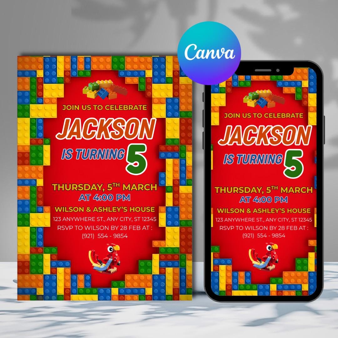 Invitation Block Design Building Block Kids Birthday Invitation Template, Editable Canva ...