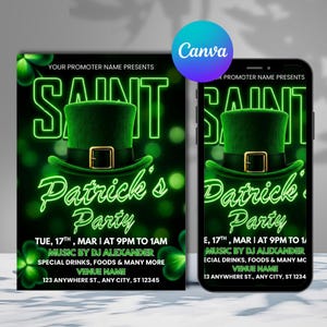 May include: A Saint Patrick's Party flyer and phone display. The design features a green leprechaun hat with a gold buckle, the words "Saint Patrick's Party" in a neon green font, and shamrocks. The event details include the date, time, DJ, and venue.