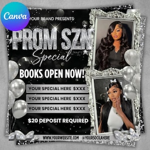 May include: A promotional flyer with a black and silver theme, featuring the text "PROM SZN Special" and "BOOKS OPEN NOW!". It includes images of two women in ornate frames, silver balloons, and decorative accents.
