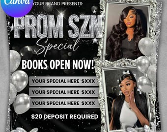 Prom Booking Flyer, Prom Szn Special Flyer, Prom Season Special Deal Flyer, Homecoming Flyer, MUA Lashes Nails Hair Braids wig Flyer, canva