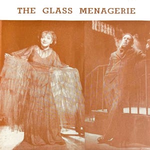 May include: A vintage playbill cover for "The Glass Menagerie" featuring sepia-toned images of actors. The title and "The Playbill" are printed in a brown, stylized font. The playbill is for the Playhouse.