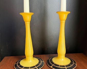 Vintage Pair of Lancaster Yellow Glass Art Deco Candlesticks