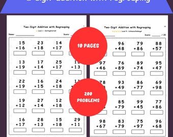 2 Digit Addition Worksheets – 10 Printable Math Pages (Digital Download)