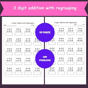 May include: A workbook page with 3-digit addition problems with regrouping. The page includes 200 problems across 10 pages. The problems are arranged in columns with space for answers, designed for elementary math practice.