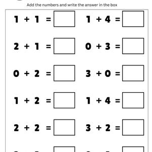 May include: A black and white worksheet titled "Easy Addition Facts for Kindergarteners." The worksheet includes addition problems with boxes for answers. The top of the worksheet has a space for the student's name.
