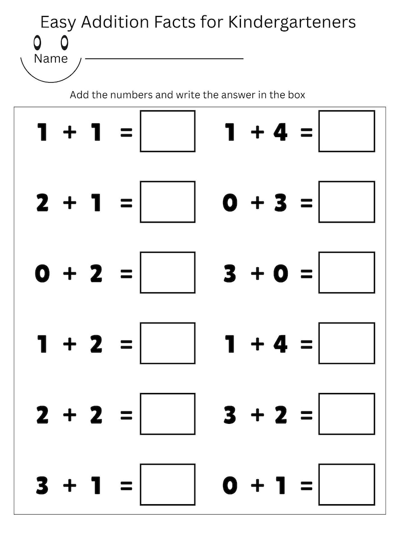 May include: A black and white worksheet titled "Easy Addition Facts for Kindergarteners." The worksheet includes addition problems with boxes for answers. The top of the worksheet has a space for the student's name.